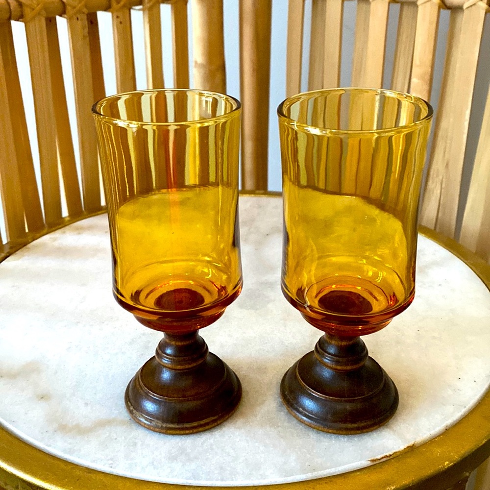 70s aesthetic retro style vintage amber glass wood pedestal cordial glasses